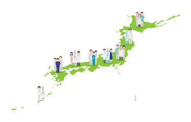日本全国で活躍する医療従事者たち（緑）
