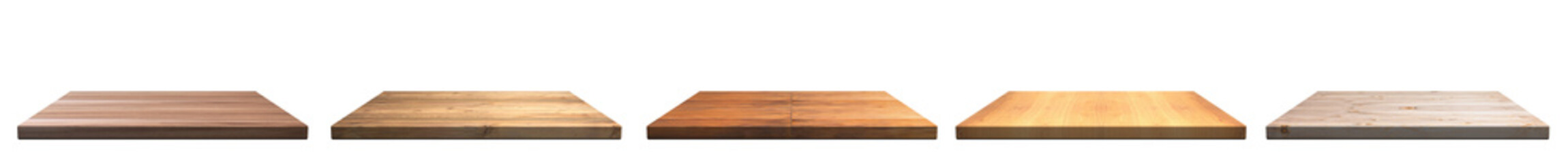 Empty wooden shelf isolated cutout on white wall background. Perspective view. 3d illustration