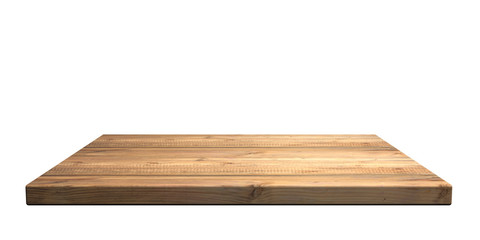 Empty wooden shelf isolated cutout on white wall background. Perspective view. 3d illustration