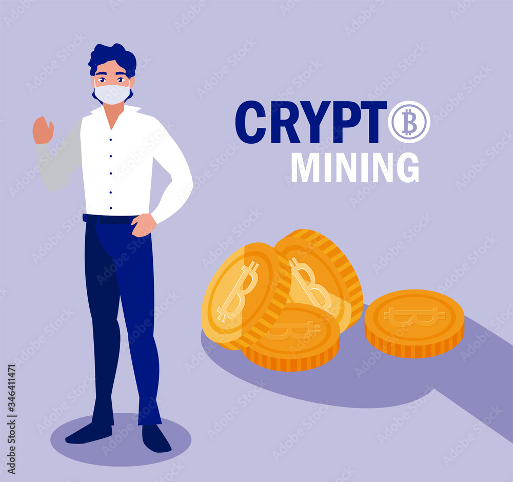 Poster man with mask and bitcoins vector design