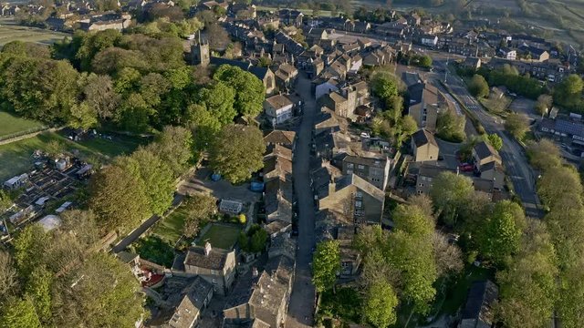 Aerial Shot of Haworth main street, near Keighley, West Yorkshire home of the Bronte Sisters, featuring St Michael & All Angels Church, where Maria Bront&euml;, Patrick Bront&euml;, Elizabeth Bront&euml;, are buried