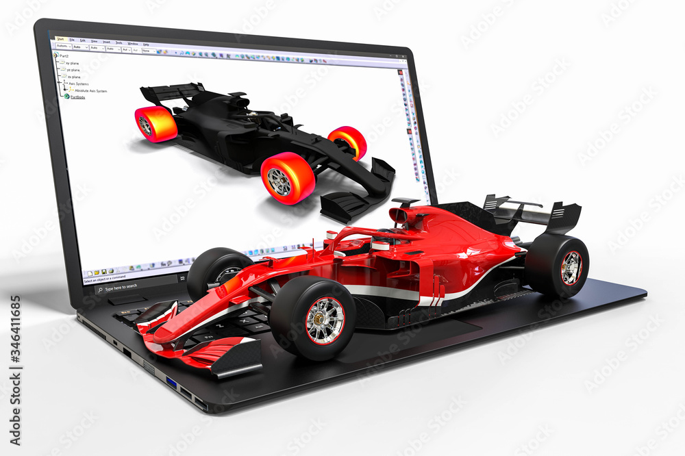 Poster 3d render image representing computer aided design of a race car