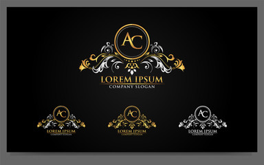 Obraz na płótnie Canvas Luxury alphabets logo with golden badges design template. Signs, symbol illustration
