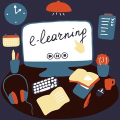 Workplace for online learning and remote work. Desktop with stationery and home items. E-learning, online education, stay home concept. Flat vector illustration