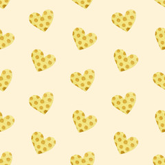 Hand-drawn watercolor seamless pattern with decorative yellow hearts on a pink background.