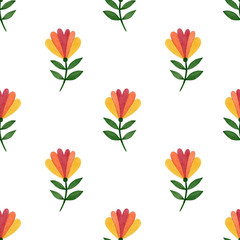 Hand-drawn watercolor seamless pattern with decorative folk flowers on a white background.