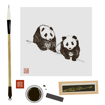 Chinese or japanese art set with brush, ink, stamp and panda traditional chinese painting isolated vector illustration. Hyeroglyph means good wishes.