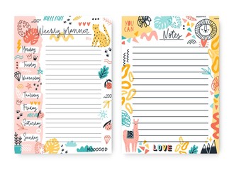 Set of colorful doodle weekly planner and notes template with place for text vector flat illustration. Cute plan, list of tasks, diary, event reminder for week decorated by phrase and design element