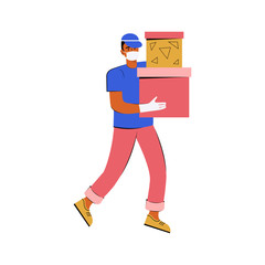 Help with quarantine. Man in a protective medical mask and gloves carries a box of food. Volunteer carries food to people sitting at home. Food delivery. Social care, volunteering and charity concept.