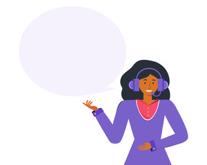 Customer service representative with headphones and microphone answers. Online virtual assistant services concept. Online technical support. Empty speech bubble for the text. Vector flat illustration.
