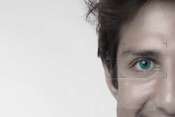 Close up of man eye in process of scanning,human being futuristic vision, vision and control and protection of persons, control and security in the accesses.Concept of: dna system.