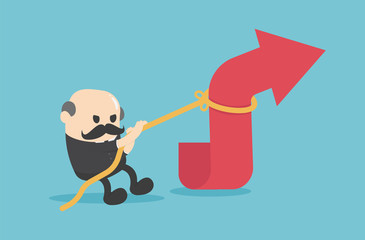 Elderly businessman is using a rope to pull the arrow graph. concept business vector cartoon