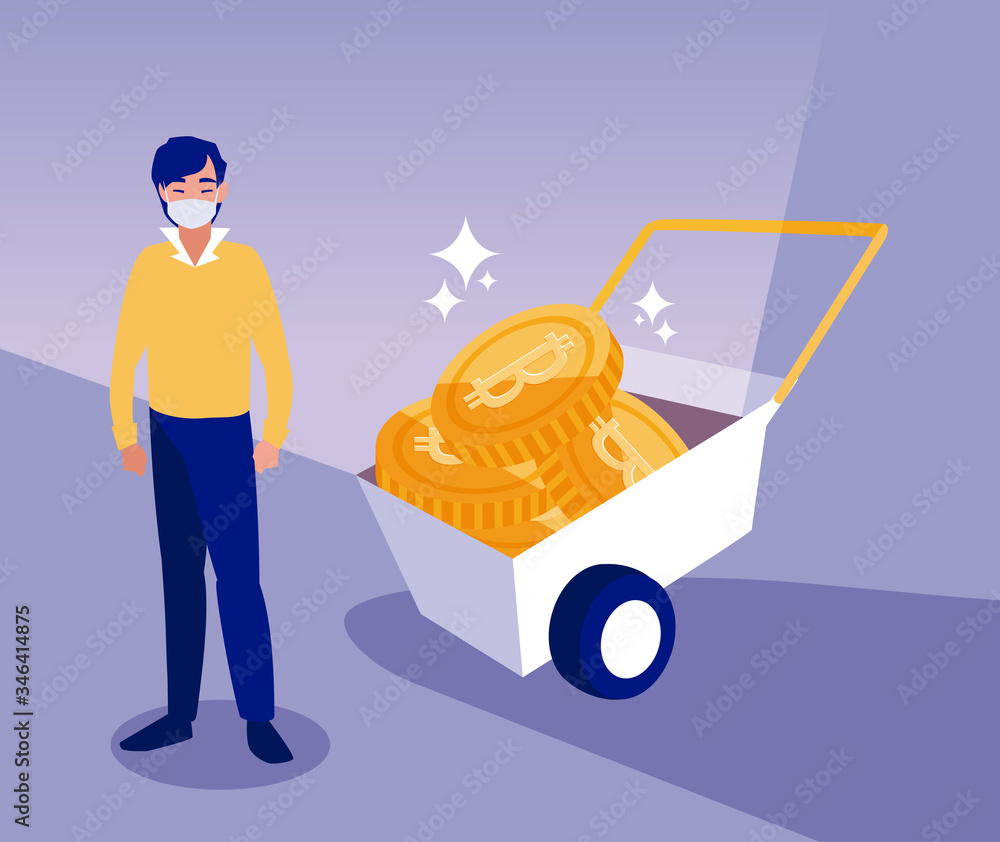 Poster man with mask and bitcoins inside cart vector design