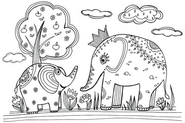 Mom and baby in a coloring book for children and adults. Elephant and baby elephant, animal family. Stylish jewelry. Animals coloring book, meditation, relaxation. stock graphics, isolate on white.