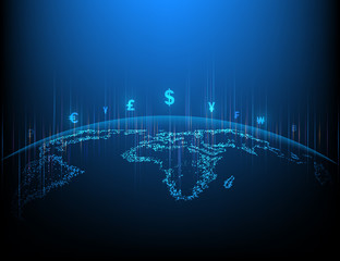 Global currency exchange network and technology Blue background