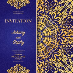 Invitation golden blue floral pattern background