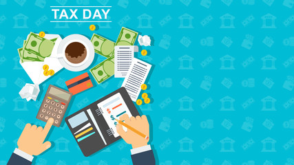 Tax day banner. Man calculates the cost of a calculator