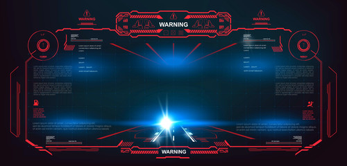 Red interface frame with hazard warning signals. Sci-fi futuristic HUD, GUI, UI dashboard. Display virtual reality technology screen. HUD style interface design - obrazy, fototapety, plakaty
