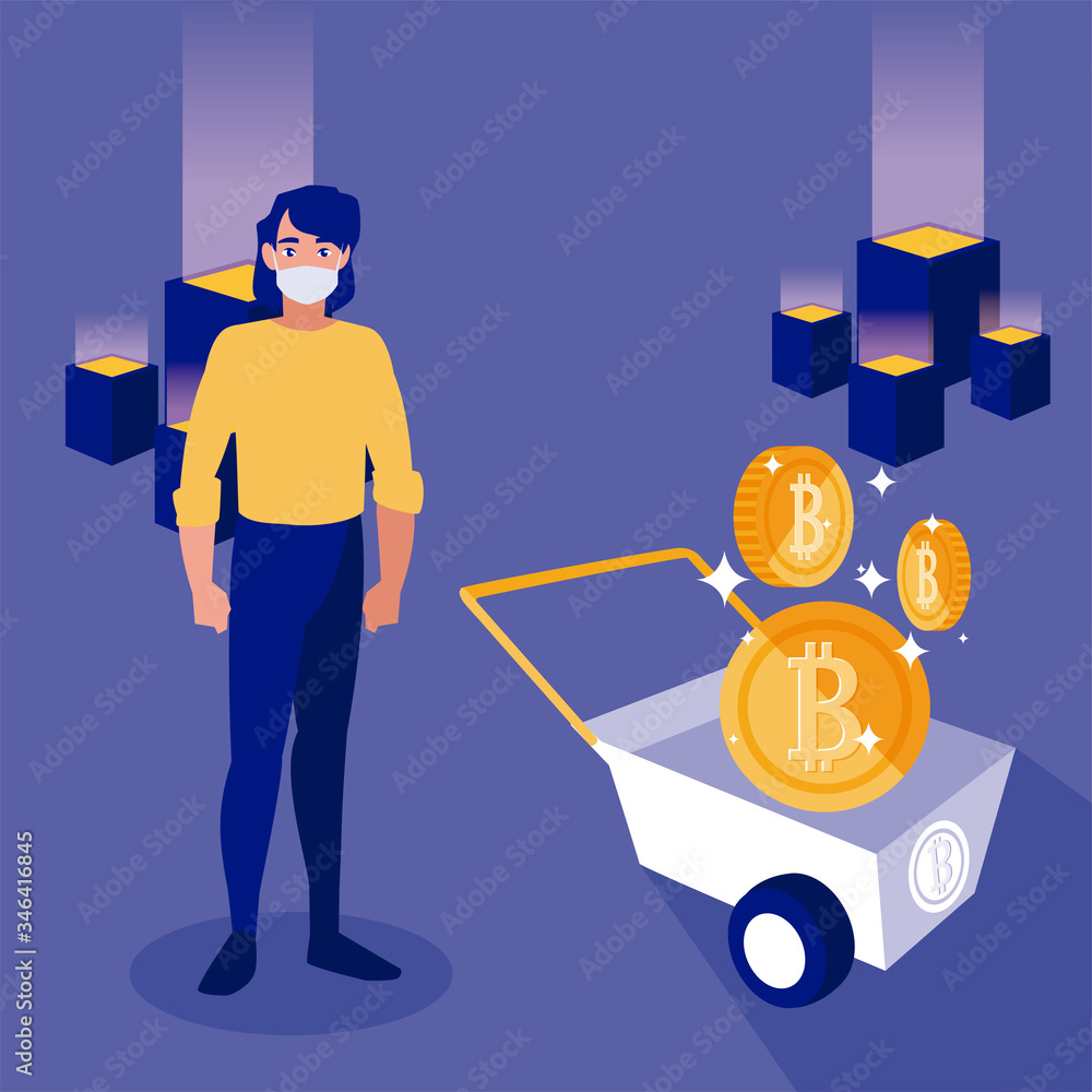 Poster man with mask and bitcoins inside cart vector design