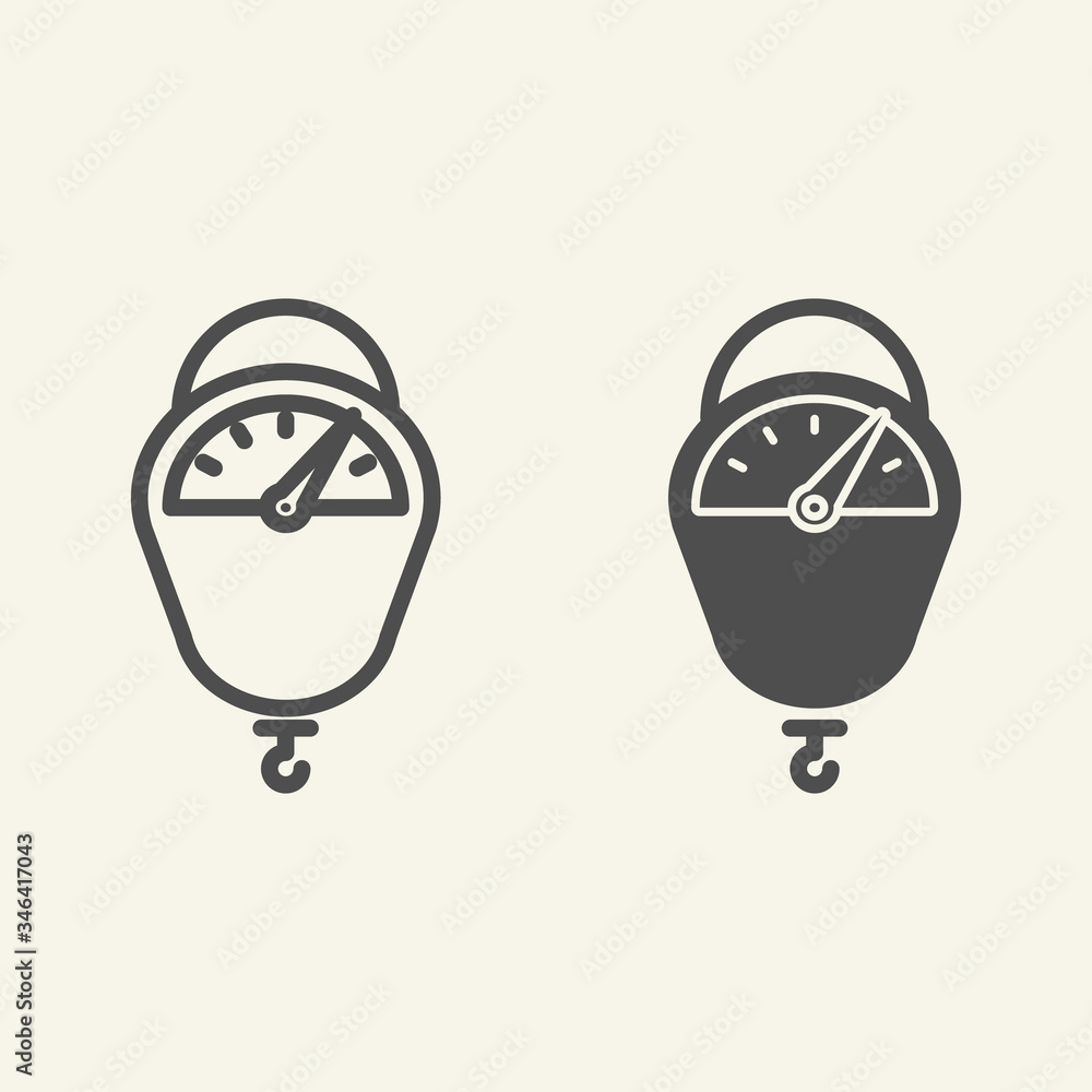 Poster hanging scale line and solid icon. kitchen scales tool symbol, outline style pictogram on beige back
