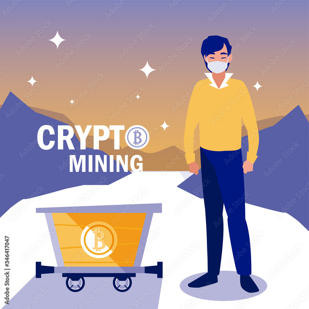 Poster man with mask and bitcoin cart vector design