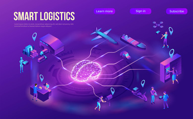 Isometric delivery service with truck at warehouse, smart logistics company illustration, shipment by plane, car, maritime transport, by postal drone, people receive parcel at packstation