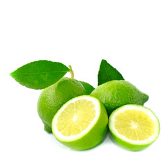 Closeup Fresh lime and citrus-fruit of lime slices with green leaf isolated on white background