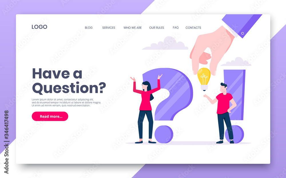 Poster faq or q and a internet landing page concept web template. teamwork characters working together with