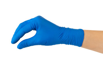 Closeup mockup of female hand in medical protective gloves isolated at white background. Holding gesture.