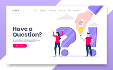 FAQ or Q and A internet landing page concept web template. Teamwork characters working together with faq big question mark, frequently asked questions concept flat style design vector illustration. - obrazy, fototapety, plakaty