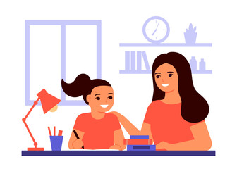 Girl student is sitting at home and is learning lesson with help of teacher, mom. Child is doing homework. Mom helps with solving tasks. Home school, online education, knowledge concept. Vector