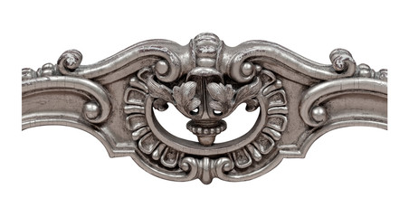 Silver decorative element with floral pattern isolated on white background