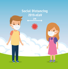 campaign of social distancing for covid 19 with children using face mask vector illustration design
