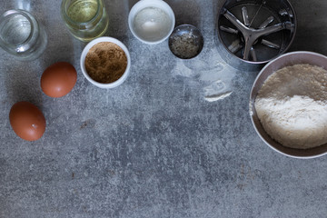 Fototapeta na wymiar ingredients and tools to make a cake, flour, butter, sugar,eggs
