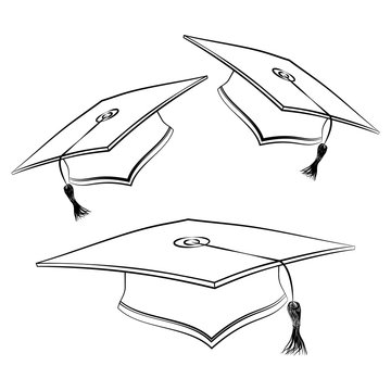 Black line student caps. Sketch of graduation hat. Academic celebration ceremony symbol. Education square uniform. Vector isolated caps in different turns, tilts