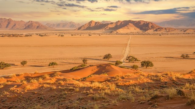 A beautiful panoramic, sunset view of the Namib Desert, where a long dirt road crosses a valley between mountains in the background and the red sand dunes of Sossusvlei in the foreground.