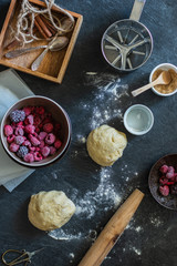 Rustic baking ingredients and kitchen utensils. Homemade pastry, baking. Top view flat lay background. Healthy fresh organic food.