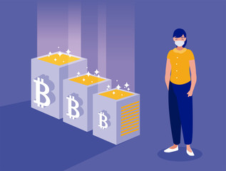 Woman with mask and bitcoins boxes vector design