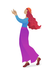 Young woman praying with hands up. Beautiful redhead girl in blouse and skirt isolated on white background. Faith and religion vector illustration. Woman dancing with hands up character in flat style.