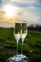 
champagne glasses at sunset