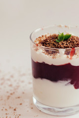 berry dessert with chocolate on a white background