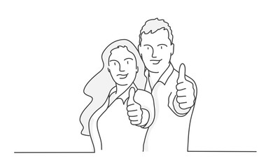 Couple making thumbs up. Contour drawing vector illustration. Line art. 