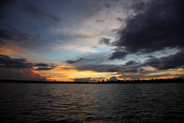 Landscape of Amazon jungle river during sunset  in Brazil