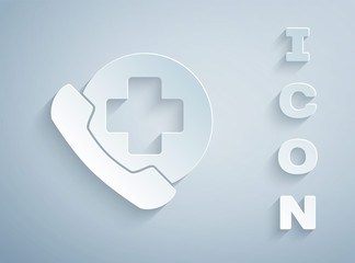 Paper cut Emergency phone call to hospital icon isolated on grey background. Paper art style. Vector Illustration