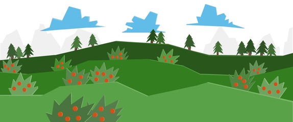 Paesaggio collinare. Boschi e prati verdi. Campagna in primavera. Panorama rurale. Natura, colline e boschi. Alberi e cespugli con frutti. Stagione. Cielo con nuvole. Campi coltivati. Frutti di bosco.