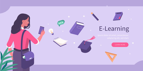 Student Learning Online at Smartphone. Character Looking at Mobile Phone and Studying. Online Education Concept. Flat Isometric Vector  Illustration.
