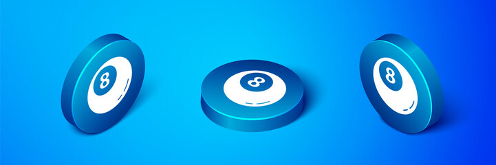 Isometric Billiard pool snooker ball icon isolated on blue background. Blue circle button. Vector Illustration