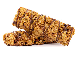 Chocolate cereal bars isolated on white