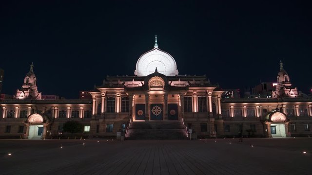 Tokyo, Japan: Wonderful architecture of Tsukiji Honganji temple located in the Tsukiji district, 4k Night time-lapse.