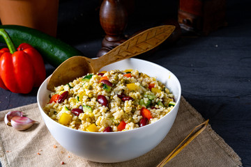 bulgur kaszotto with fresh vegetables and kidney bean